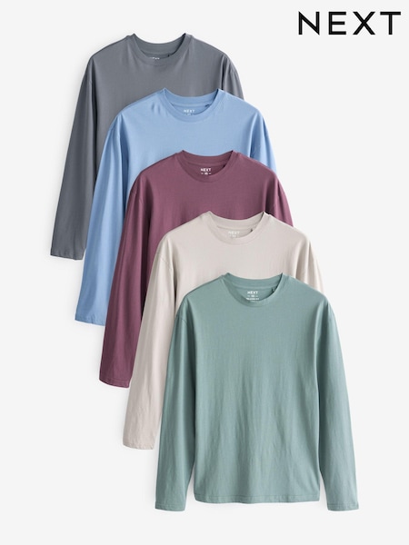 Blue/Green/Purple/Pink/Neutral Relaxed Fit Regular Fit Long Sleeve 100% Cotton T-Shirts 5 Pack (E13887) | €28