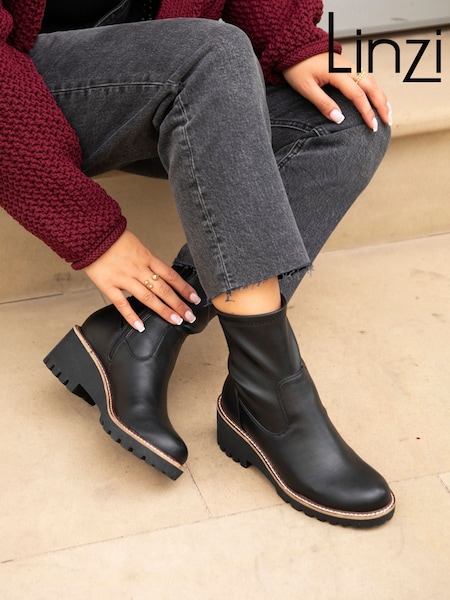 Linzi Black PU Trish Wedged Heel Ankle Boots (E13966) | $62