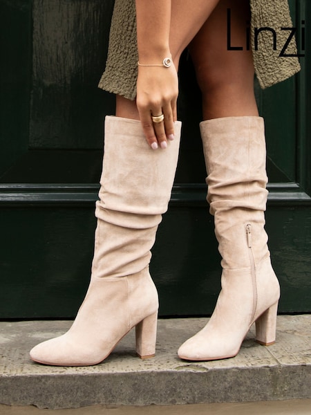 Linzi Nude Aura High Leg Ruched Boots With Block Heel (E13969) | €89