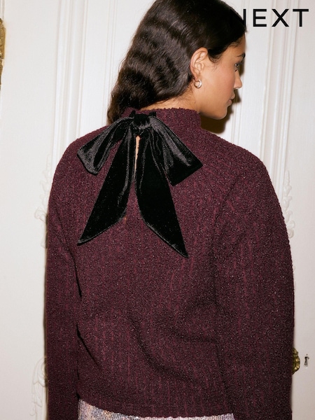Burgundy Red Cosy Dropped Shoulder Velvet Bow Tie Back Crew Neck Jumper (E13997) | €42