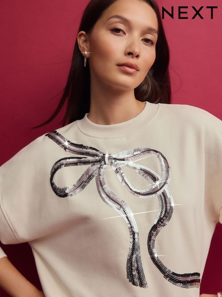 Christmas Sparkle Sequin Front Bow Graphic Crew Neck Sweatshirt (E14007) | 114 LEI