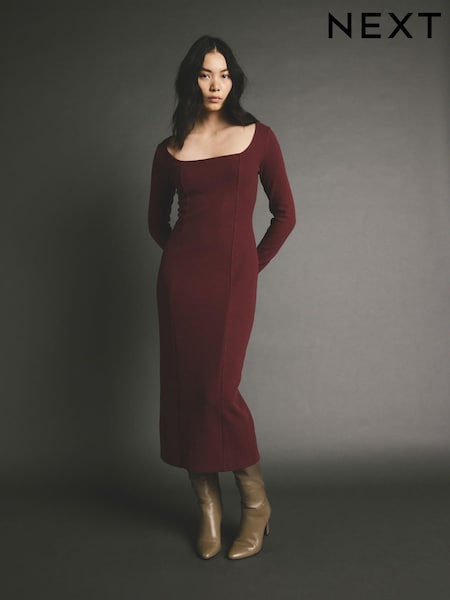 Burgundy Red Cosy Soft Touch Midi Length Long Sleeve Dress (E14008) | AED79