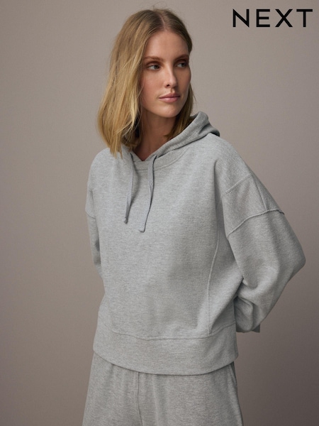 אפור מלאנז' - Relaxed Fit Cosy Soft Touch Ribbed Stepped Hem Hoodie (E14024) | ‏107‏₪
