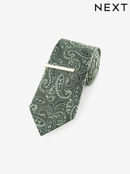 Green Paisley Slim Design Tie And Tie Clip (E14031) | 39 QAR