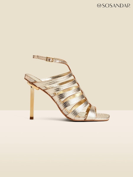 Sosandar Gold Leather Gladiator Square Toe Strap Sandals (E14053) | 539 QAR