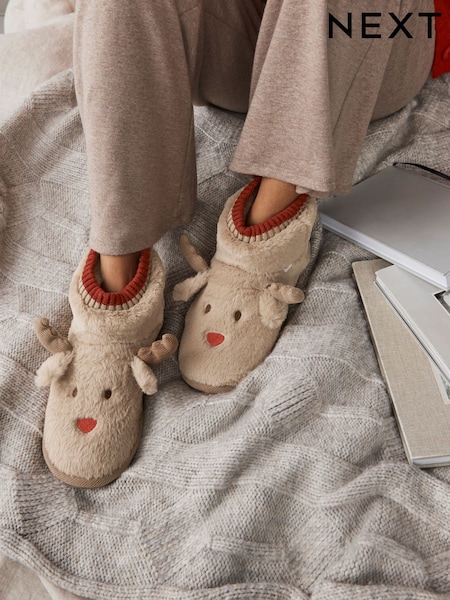 Brown Faux Fur Reindeer Boot Slippers (E14063) | AED50