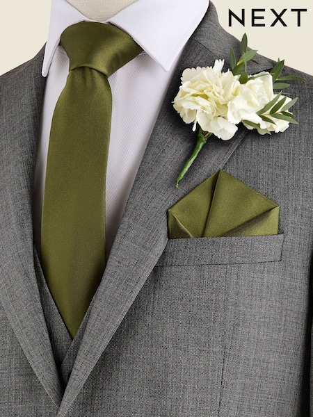 Moss Green Silk Tie And Pocket Square Set (E14067) | 54 QAR