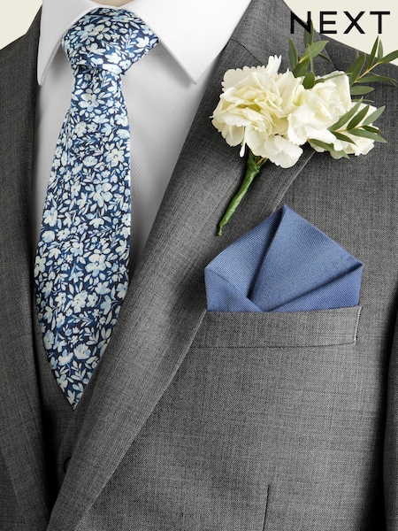 Blue Occasion Silk Floral Tie And Wool Silk Blend Pocket Square Set (E14069) | AED61