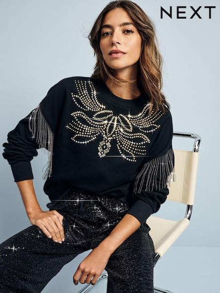 Black Studded and Fringe Embellished Dropped Shoulder Crew Neck Sweatshirt (E14089) | €32