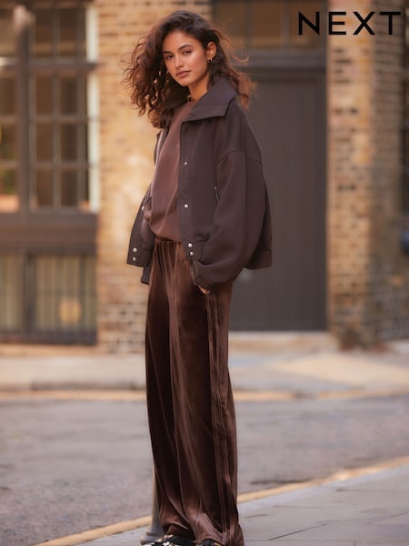 Chocolate Brown Velvet Soft Touch Drawstring Wide Leg Track Trousers (E14090) | AED100