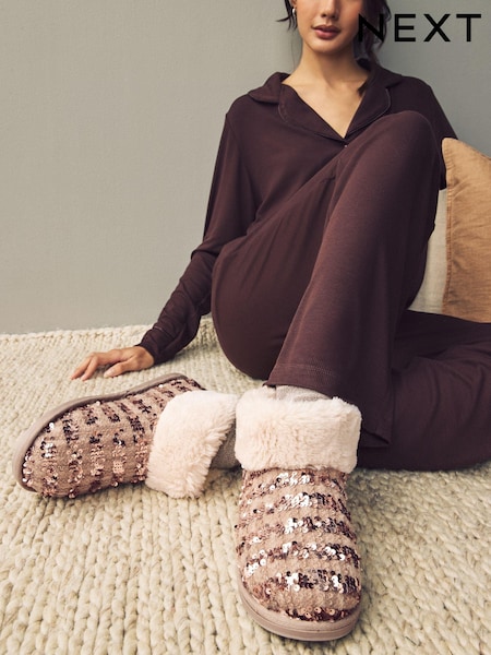 Cream - Sequin Faux Fur Lined Boot Slippers (E14093) | ‏5 ر.ع.‏