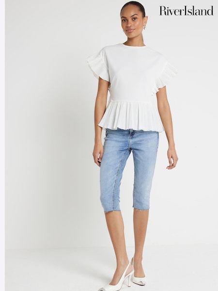 كريم - River Island 100% Cotton Pleated Hem T-shirt (E14149) | ‏7 د.ك.‏