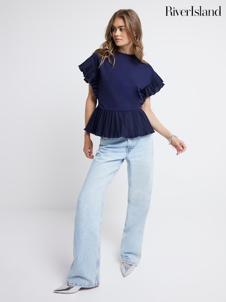 Sininen - River Island 100% Cotton Laskostettu/vekki- Hem T-paita (E14152) | €44