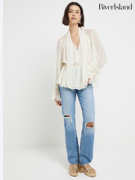 River Island Cream Lace Mix Pussy Bow Blouse (E14167) | €27