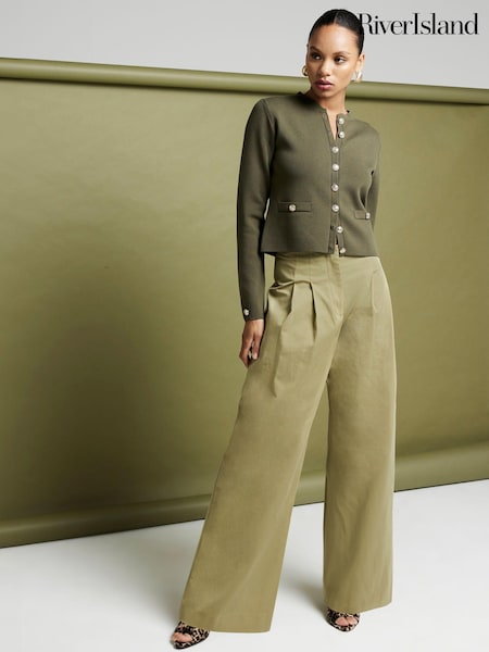 Kaki - Pantaloni largi din in cu pliuri River Island (E14208) | 143 LEI