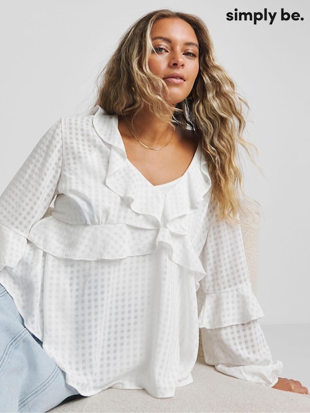 Simply Be White Seersucker Check Ruffle Sleeve Boxy Blouse (E14267) | AED81