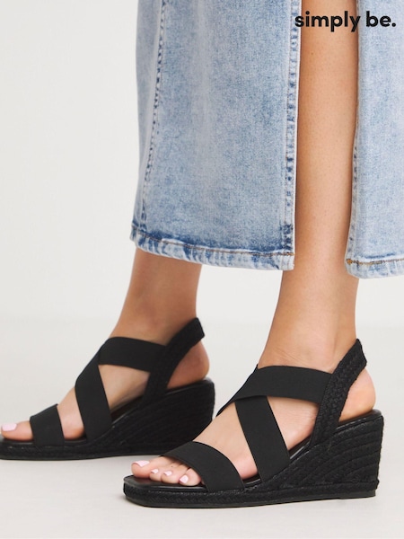 Simply Be Black Elastic Crossover Espadrille Wedge Sandals In Wide Fit (E14285) | €48