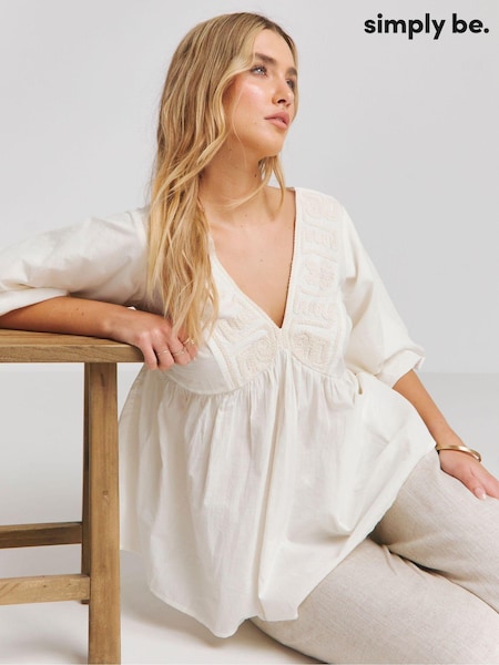 Simply Be 100% Cotton Embroidered Puff Sleeve V-Neck Smock Top (E14286) | 42 €