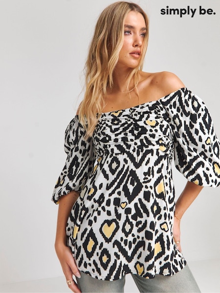 Simply Be Black Simply Be Mono Print Long Sleeve Ruched Front Smock Top (E14293) | AED81