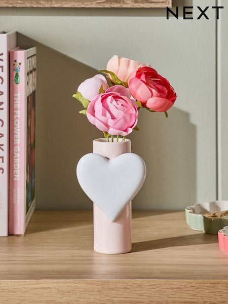 Red/Pink Artificial Ranunculus in Ceramic Heart Vase (E14364) | €6