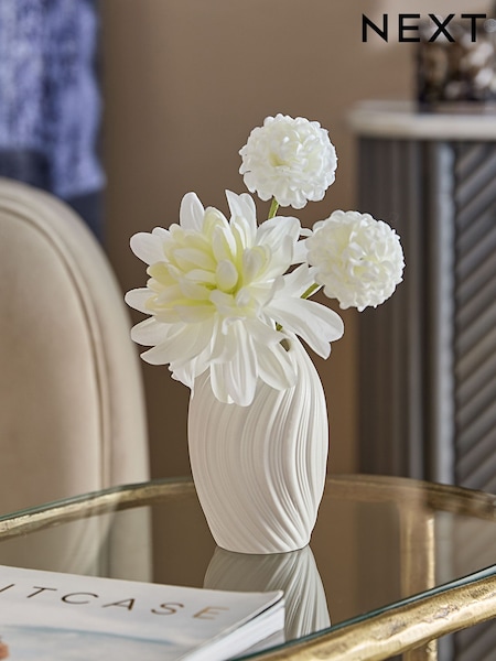 White Artificial Dahila Arrangement In Ceramic Pleated Mini Vase (E14377) | AED65