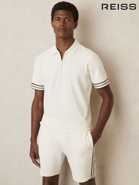 Reiss Off White Bristol Textured Contrast Trim Half-Zip Polo Shirt (E14403) | ₪569