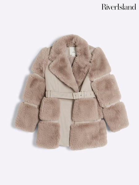 River Island Cream Girls Panelled Faux Fur Coat (E14436) | AED320
