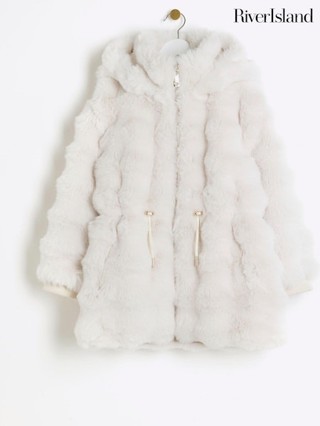 River Island Cream Girls Bobble Faux Fur Coat (E14440) | AED291