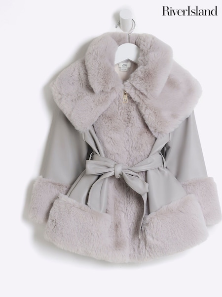 River Island Grey Girls Faux Fur Leather BOWS  Wrap Coat (E14442) | €60