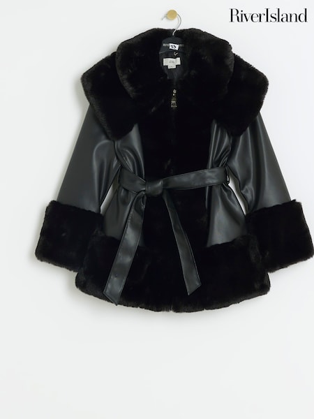River Island Black Girls Faux Fur Leather Wrap Coat (E14443) | €60