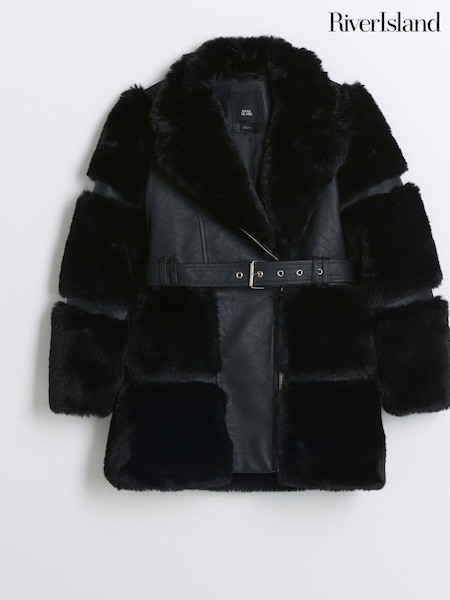 River Island Black Girls Panelled Faux Fur Coat (E14449) | €46