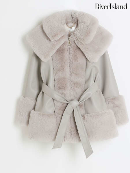 River Island Grey Girls Faux Fur Leather Wrap Coat (E14460) | R$ 445