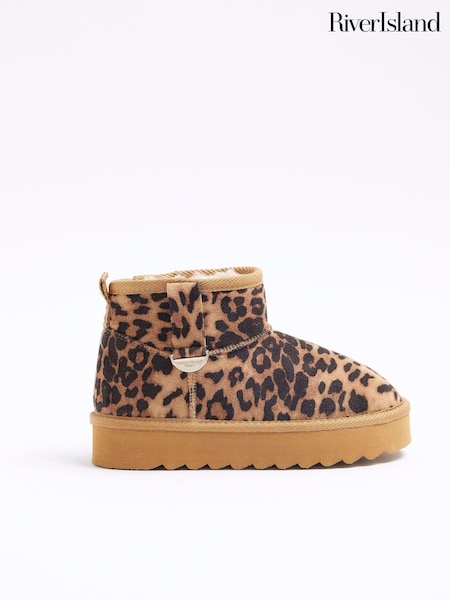 River Island Brown Suedette Girls Leopard Faux Fur Boots (E14465) | AED105