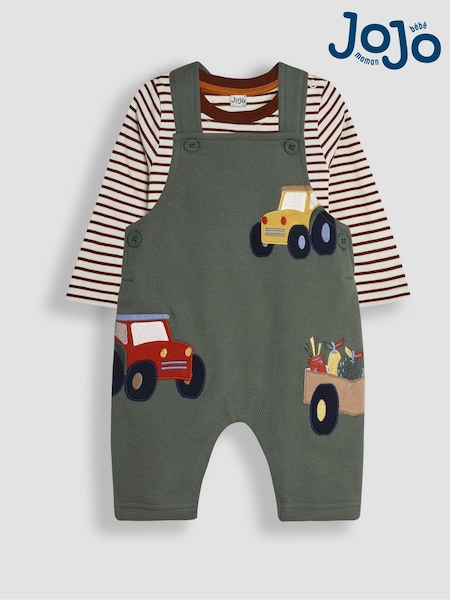 JoJo Maman Bébé Khaki Tractor Appliqué Texture Dungarees & Top Set (E14552) | €47