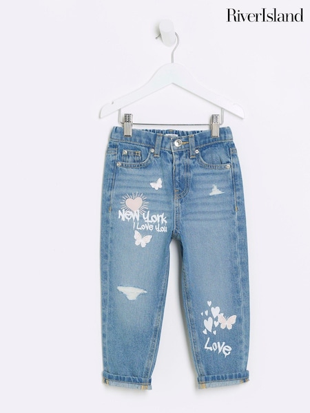 River Island Blue Girls New York Graffiti Mom 100% Cotton Jeans (E14563) | AED64