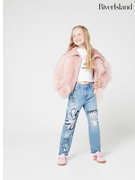 River Island Blue Mom Girls Now Or Never Graffiti 100% Cotton Jeans (E14588) | €40