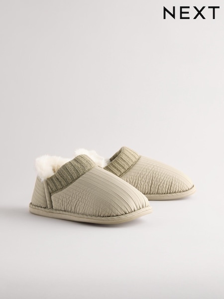 Khaki Green Nylon Stripe Faux Fur Shoot Slippers (E14870) | €16