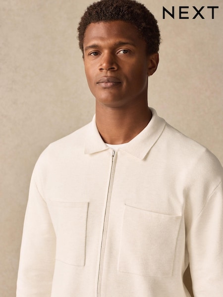 Bež/bela - Regular Fit Soft Touch Knit Zip-Through Twin Pocket Shacket (E15025) | € 51