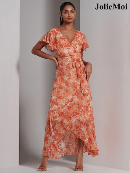 Jolie Moi Orange Haylie Frill Chiffon Maxi Dress (E15383) | ₪392