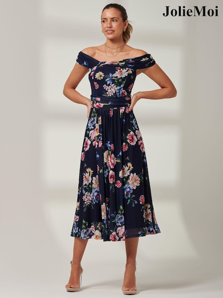 Jolie Moi Blue Floral Bardot Mesh Midi Dress (E15386) | €34