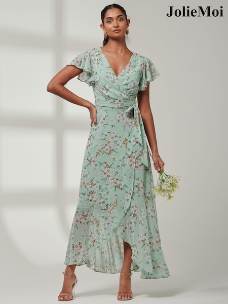 Jolie Moi Green Haylie Frill Chiffon Maxi Dress (E15394) | ₪392