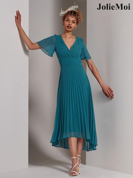 Jolie Moi Teal Blue Elene Pleated High Low Chiffon Maxi Dress (E15396) | 371 QAR