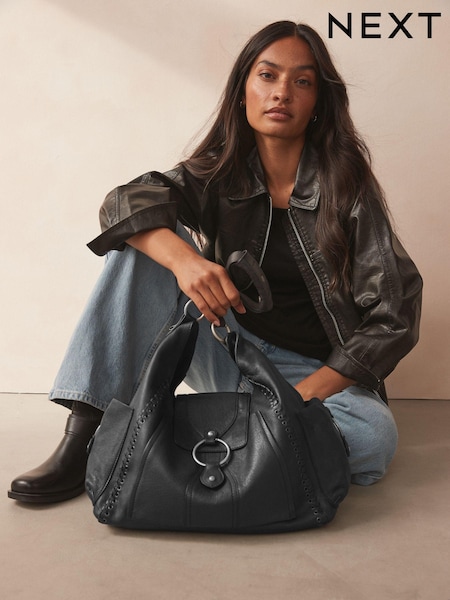 Black Leather Whipstitch Shoulder Bag (E15455) | €78