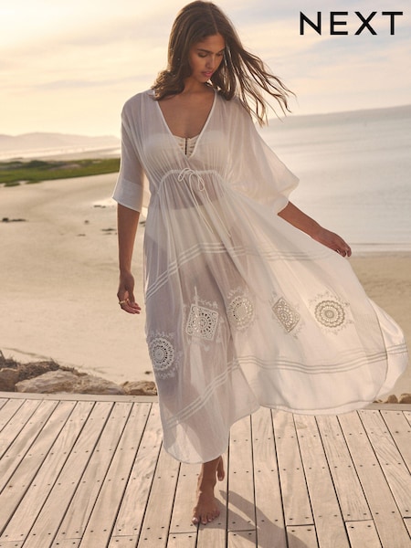 White Embroidered Maxi 100% Cotton Kaftan (E15486) | $90