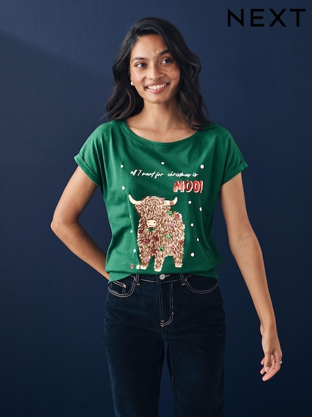 Green Christmas Hamish The Cow Cap Sleeve 100% Cotton T-Shirt (E15493) | €7