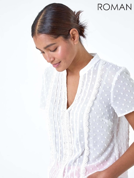 Roman White Textured Spot Lace Trim Top (E15519) | €49