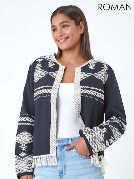Roman Black Cotton Blend Aztec Style Fringe Detail Jacket (E15530) | AED174