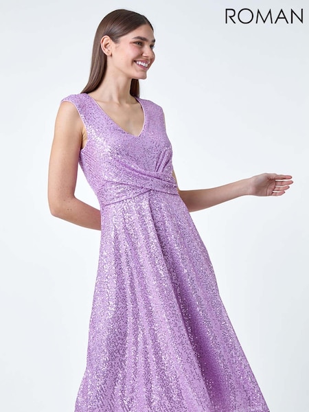 Roman Purple Sequin Wrap Detail Midi Dress (E15539) | 185 QAR