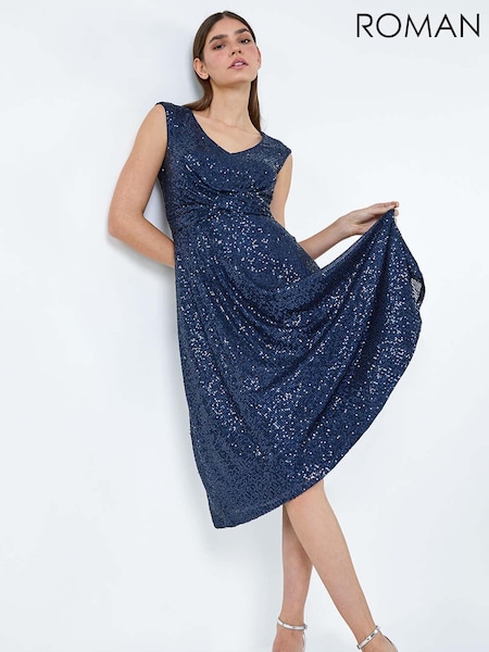 Roman Navy Blue Sequin Wrap Detail Midi Dress (E15540) | OMR20