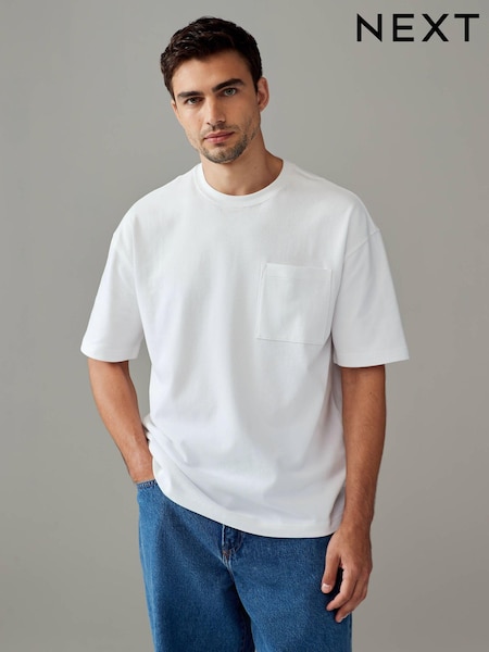 White Relaxed Fit Supersoft Heavyweight Pocket 100% Cotton T-Shirt (E15546) | €18